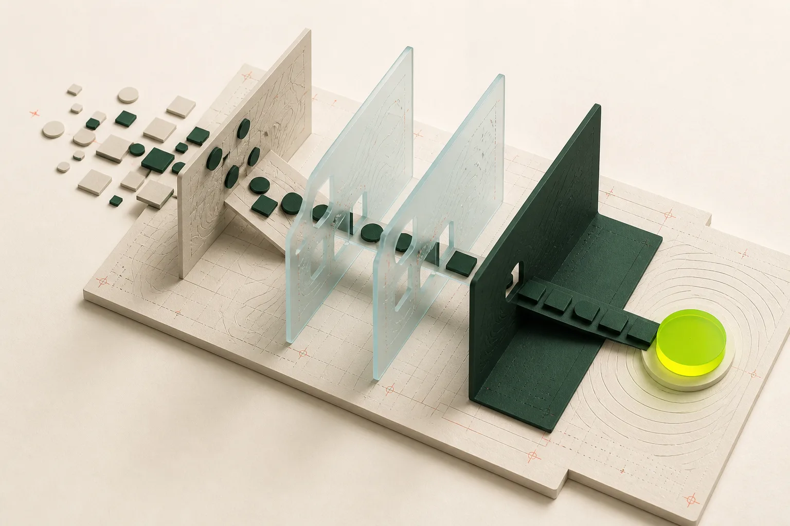 Abstract paper atlas where scattered pieces pass through filters and converge on one bright destination